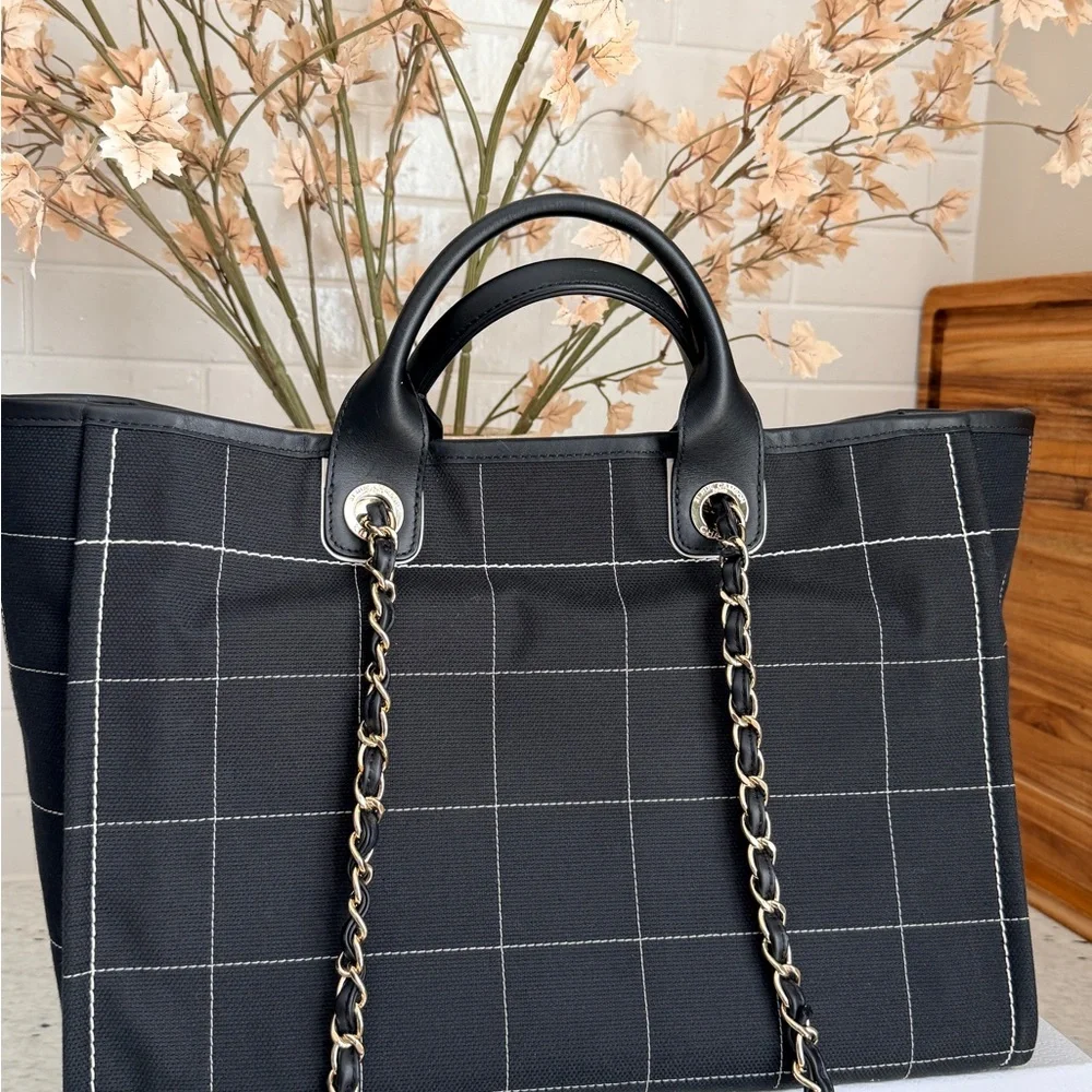 CHANEL Black Grid Canvas Tote with Chain-and-Leather Straps and Matching Pouch - Picture 10 of 14